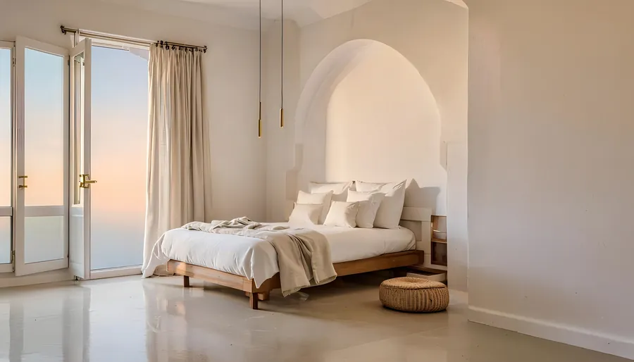 Una habitación de hotel tranquila al anochecer, con la cama hecha