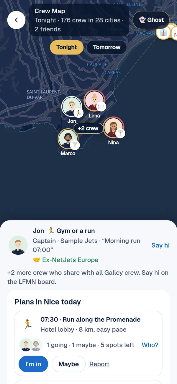 Plans in a city: dinner, a run and drinks