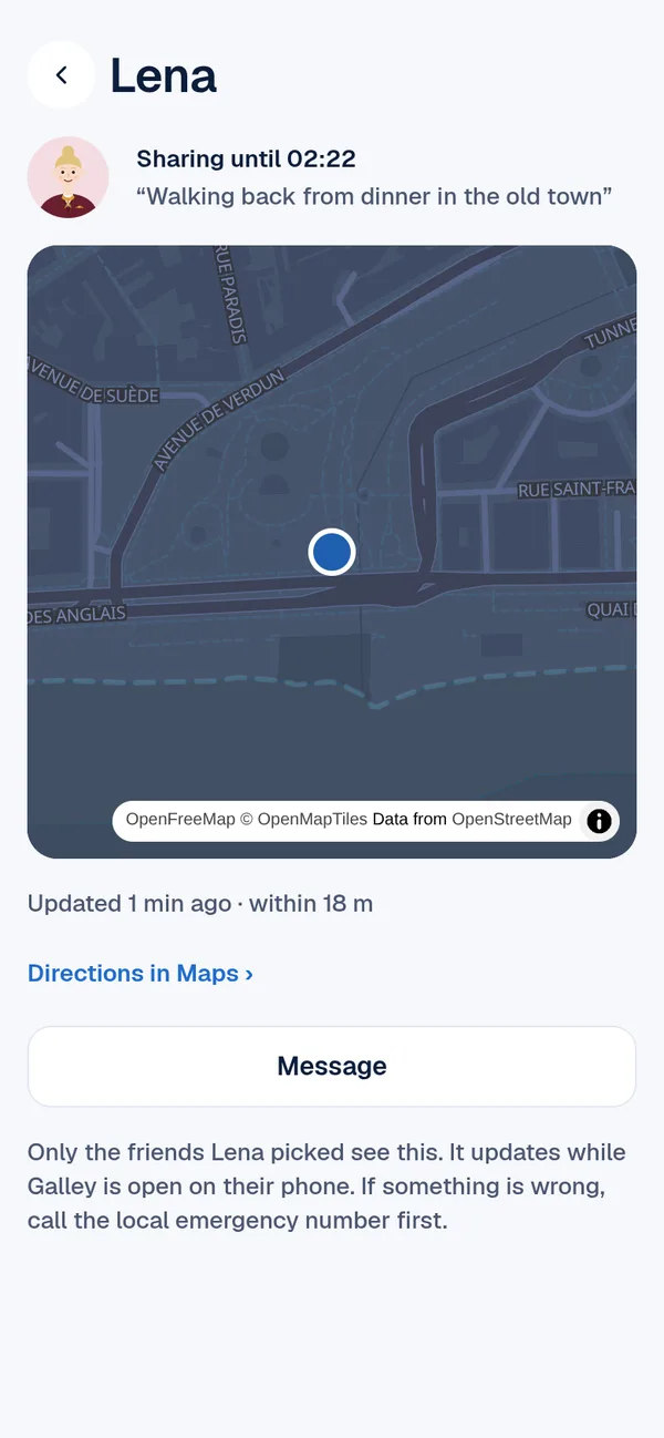 A friend's live location on a map until they are safe